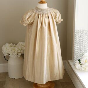 Strasburg Dress Smocked Champagne Gold Silk Bishop Hand Smocking Pearl LIKE NEW